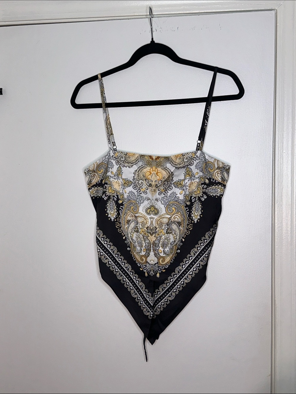 Women's Black and Gold Paisley Handkerchief Hem Cami Top